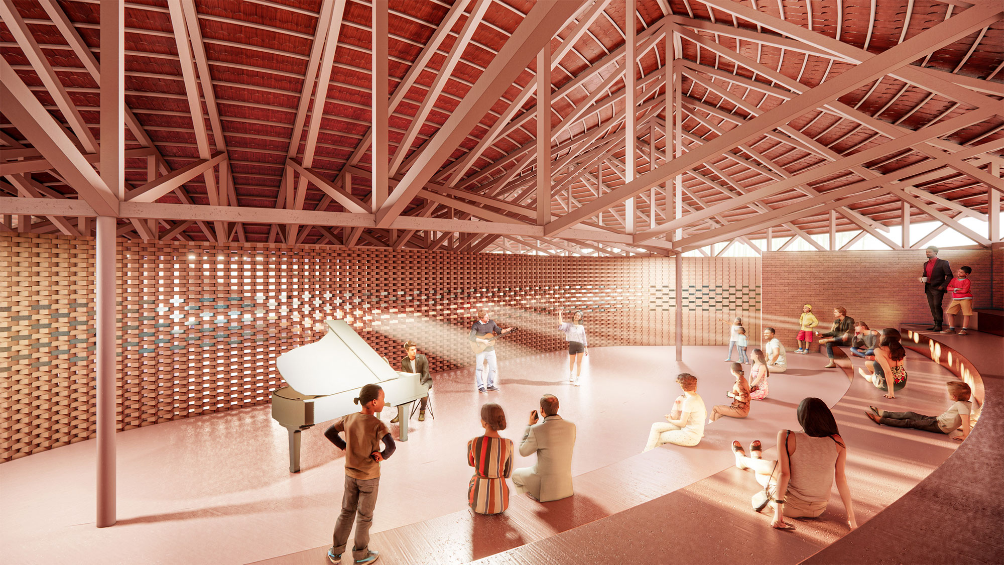 Architectural visualisation of the cultural centre with a grand piano and open tiered seating.