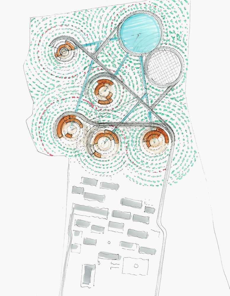 Site plan of the proposed cultural centre with circular buildings and paths.