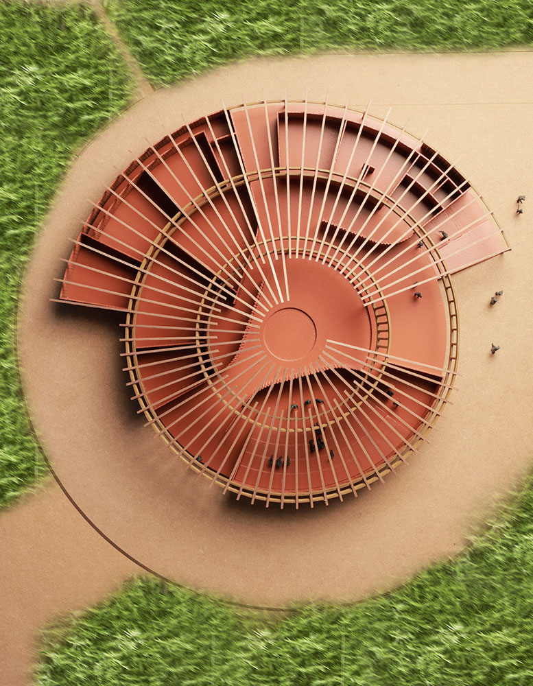 Overhead view of the spiral-shaped cultural centre design.