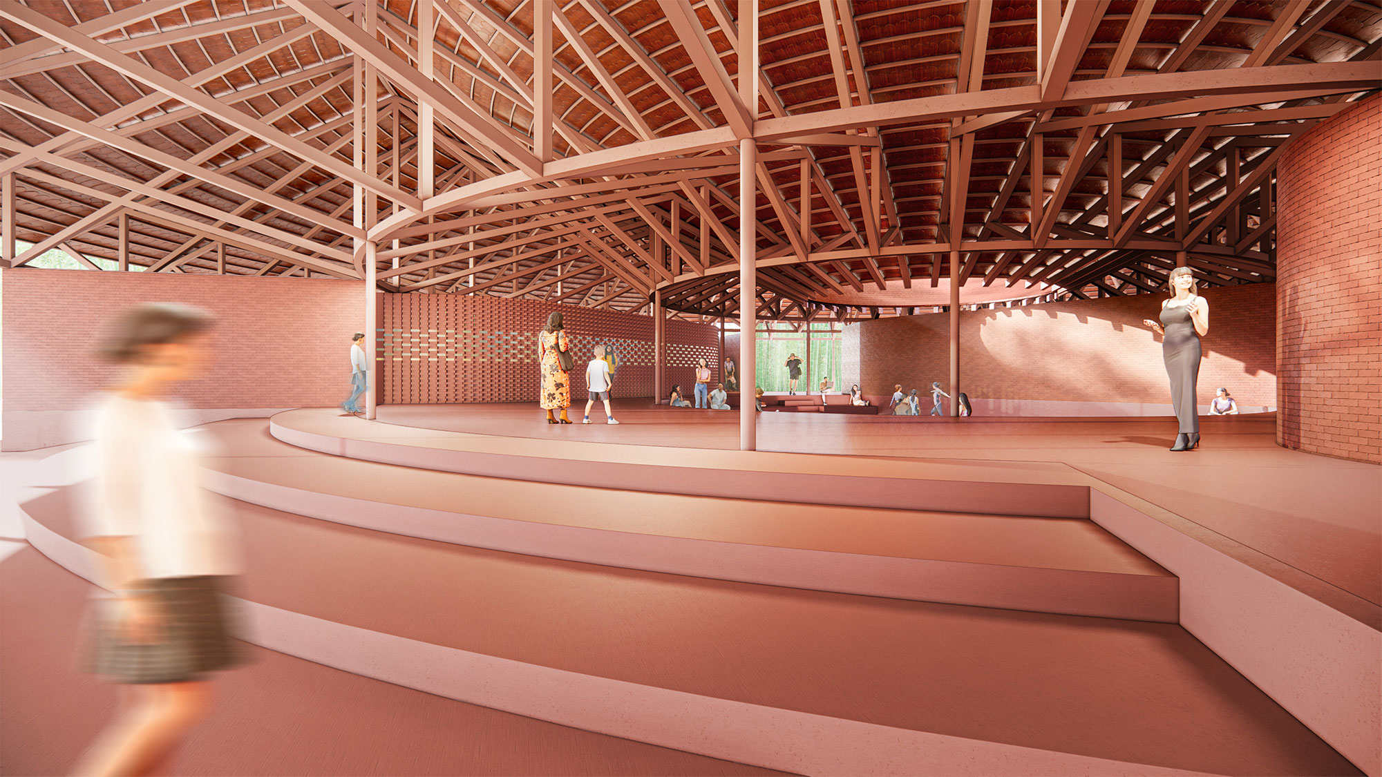 Architectural visualisation of broad seating steps beneath a timber roof.