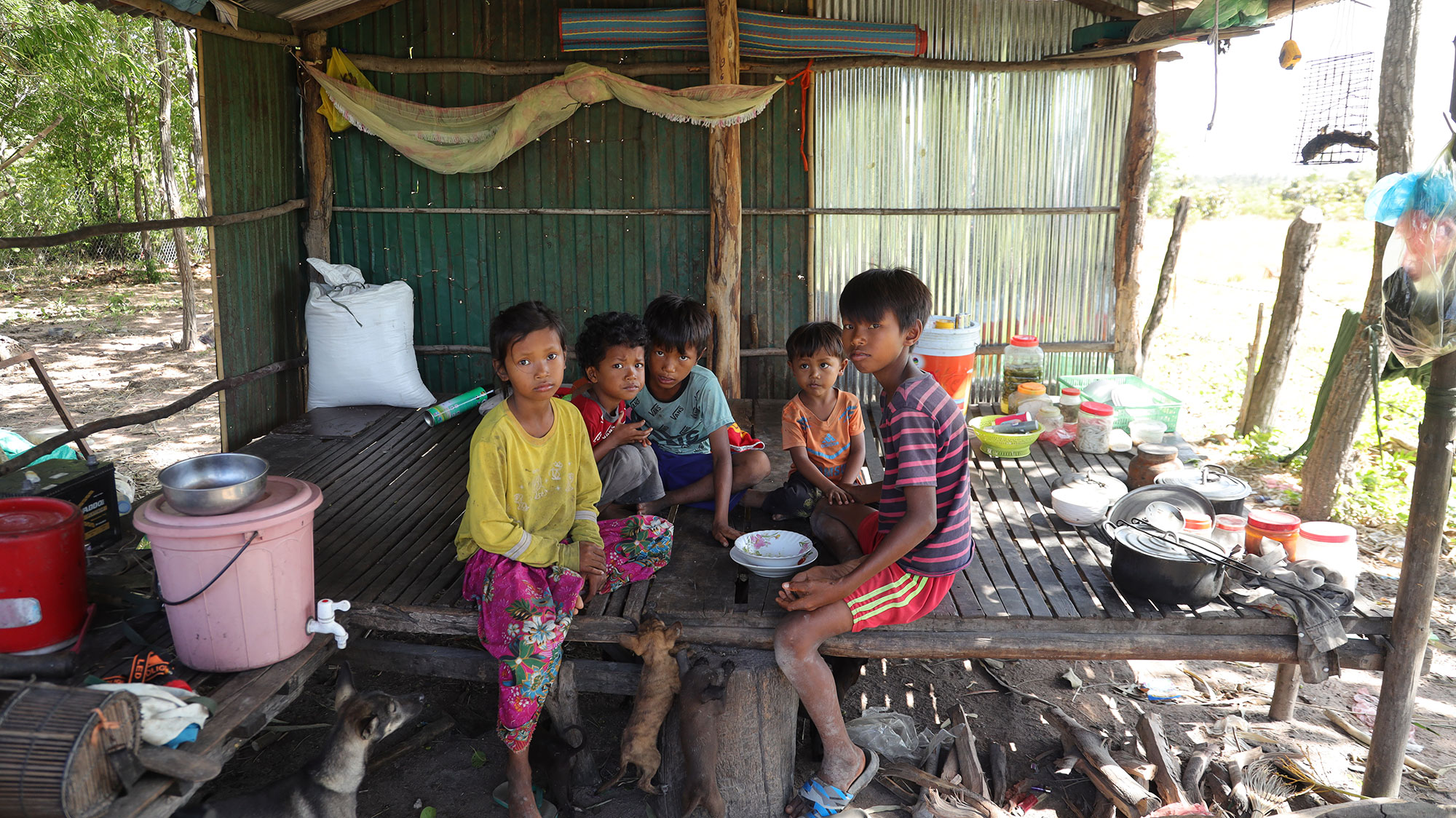 Des enfants sont assis ensemble sur une plateforme en bois dans leur abri.