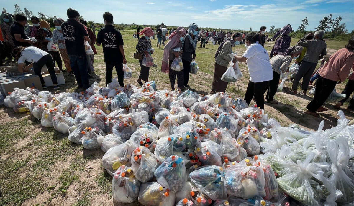 Food packages prepared for a relief distribution.