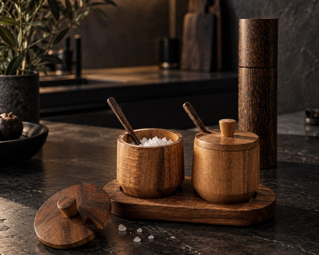 Récipients en bois et moulin à poivre artisanaux de Smiling Goods.